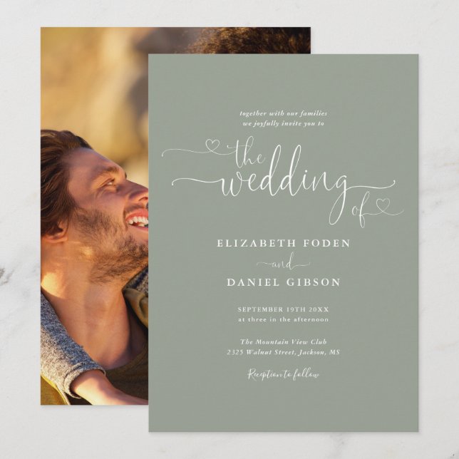 Invitation Élégant Sage Green Hearts Script Photo Mariage (Devant / Derrière)