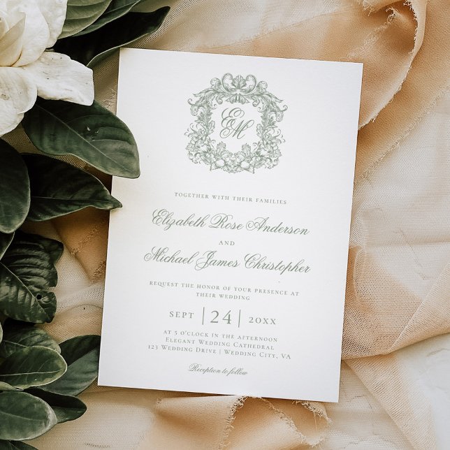 Invitation Elegant Sage Green Monogram Crest Wedding (Créateur téléchargé)