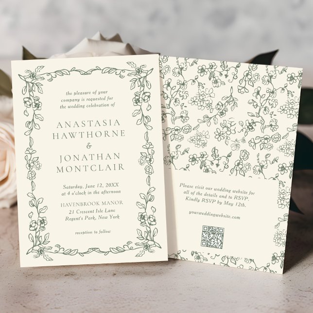 Invitation Elégant Sage Green QR Code RSVP Mariage victorien (Créateur téléchargé)