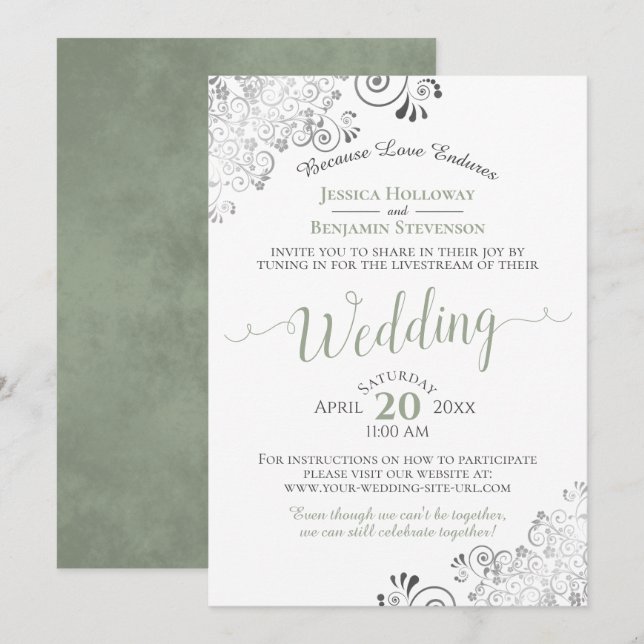 Invitation Elégant Sage Green sur White Mariage Livestream (Devant / Derrière)