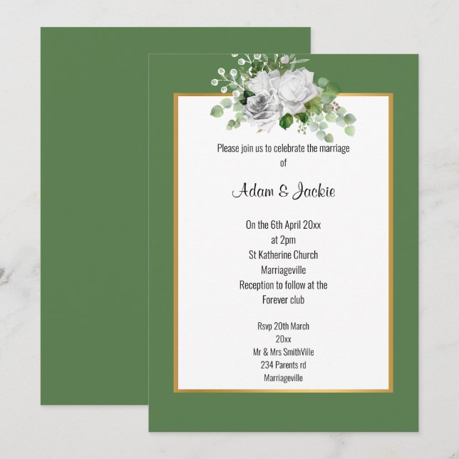 INVITATION ELEGANT SAGE ROSE OR MARIAGE (Devant / Derrière)