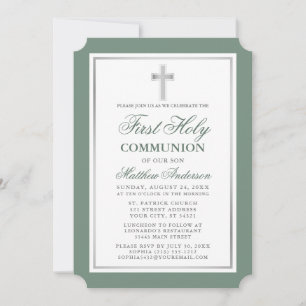 Invitation Élégant Sage Vert Argent Première Communion Sainte