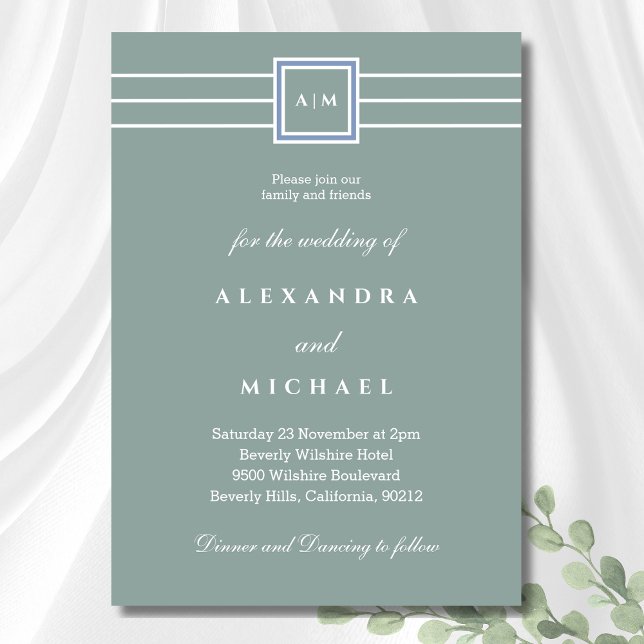 Invitation Élégant Sage Vert Blanc Monogramme Mariage moderne (Créateur téléchargé)