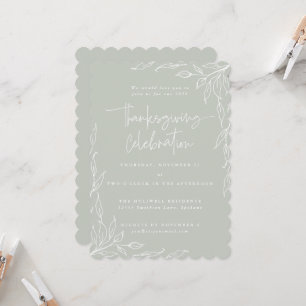 Invitation Elégant Sage Vert Feuille Moderne Motif Thanksgivi