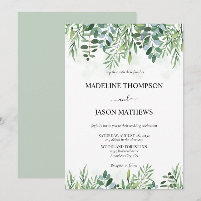 Invitation Elégant Sage Vert verdure Eucalyptus Mariage (Devant / Derrière)