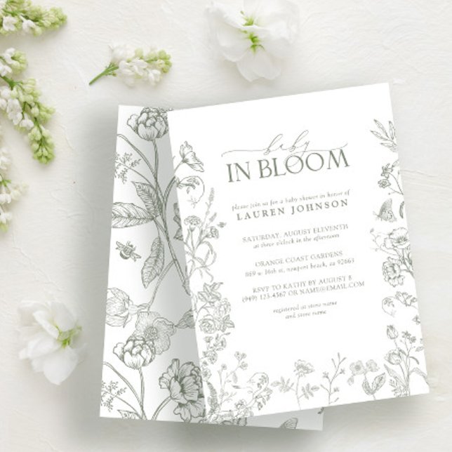 Invitation Élégant Sage Vert Victorien Floral Baby En Fleur (Créateur téléchargé)