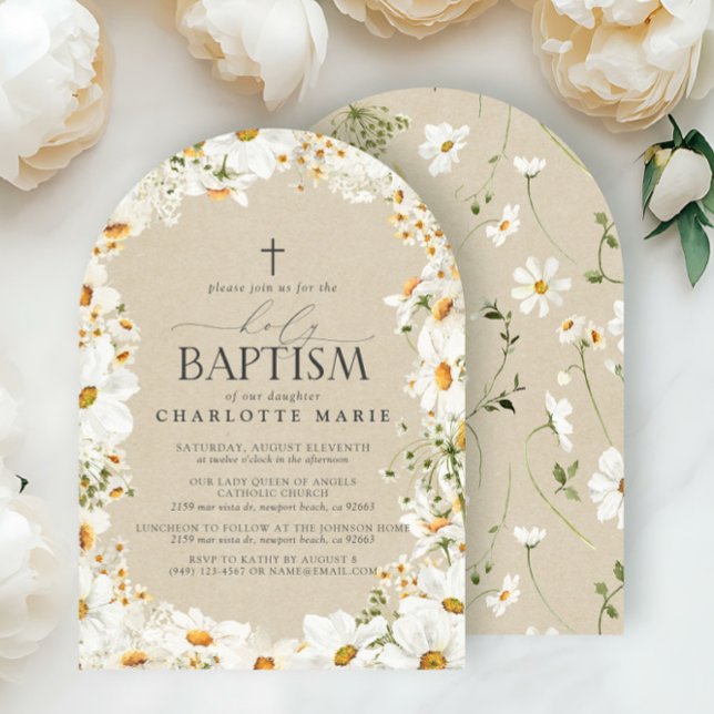 Invitation Élégant Saint-Baptême Cross Floral Aquarelle Daisy (Créateur téléchargé)