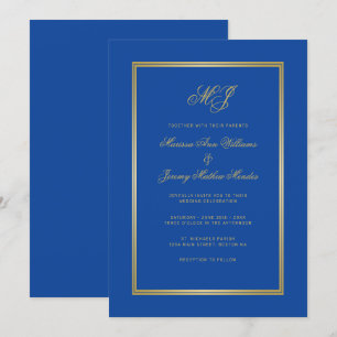 Invitation Élégant Sapphire Blue Gold Monogram Mariage Script