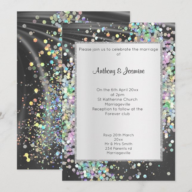 INVITATION ÉLÉGANT SATIN PURPLE HOLOGRAPHIQUE PASTEL (Devant / Derrière)