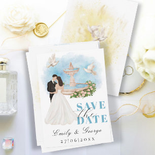 Invitation Élégant Sauvez la Date avec Mariée & Groom Fontain
