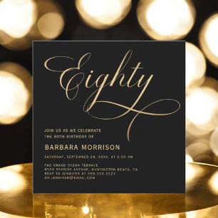 Invitation Élégant Script 80e anniversaire Black Gold 80e ann