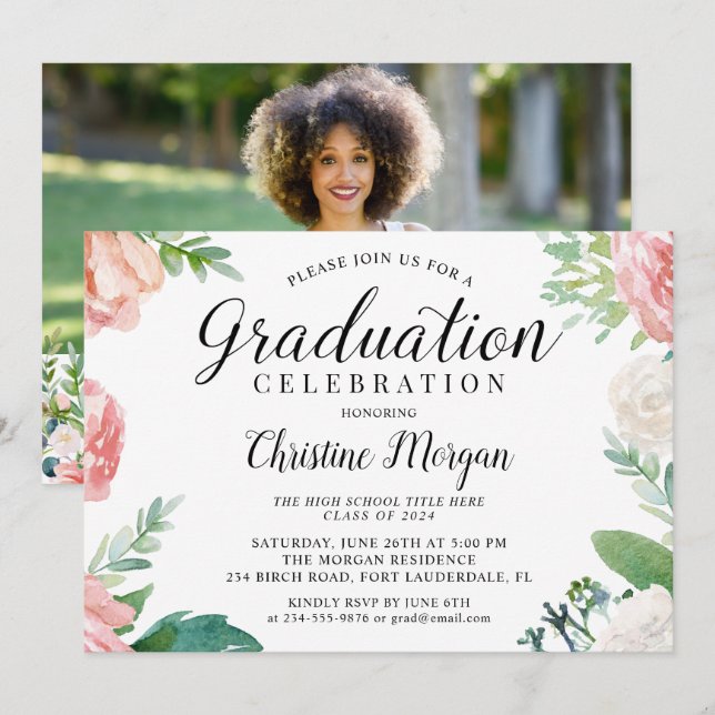 Invitation Élégant Script Aquarelle Floral Photo Graduation (Devant / Derrière)