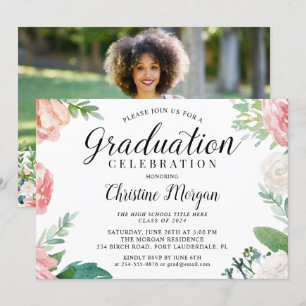 Invitation Élégant Script Aquarelle Floral Photo Graduation