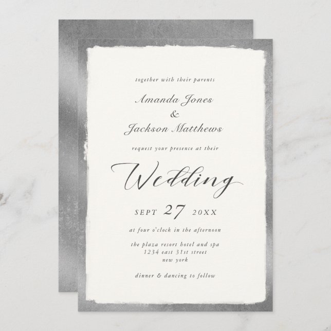 Invitation Élégant script avec Mariage minimal Argent Edge (Devant / Derrière)