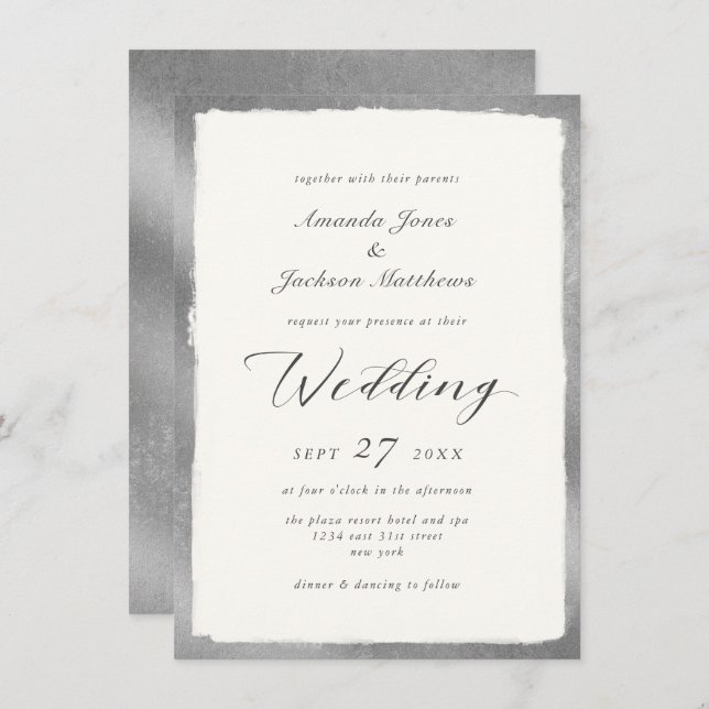 Invitation Élégant script avec Mariage semi-formel argent (Devant / Derrière)