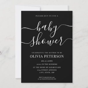Invitation Élégant Script Baby shower noir et blanc