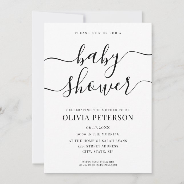 Invitation Élégant Script Baby shower noir et blanc (Devant)