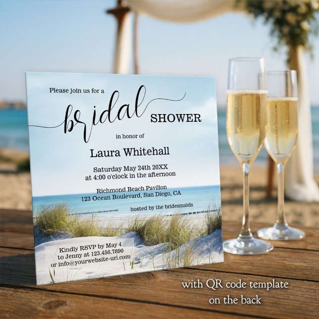 Invitation Elegant Script Beach Bridal Shower (Beach bridal shower invitation showing a view from the dunes over the ocean - with QR code template)