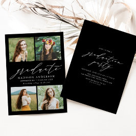Invitation Élégant Script Black 4 Photo Graduation Party