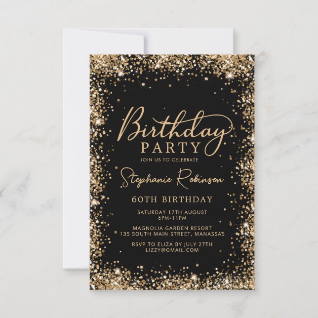 Invitation Elegant Script Black Gold Glitter 60th Birthday (Devant)