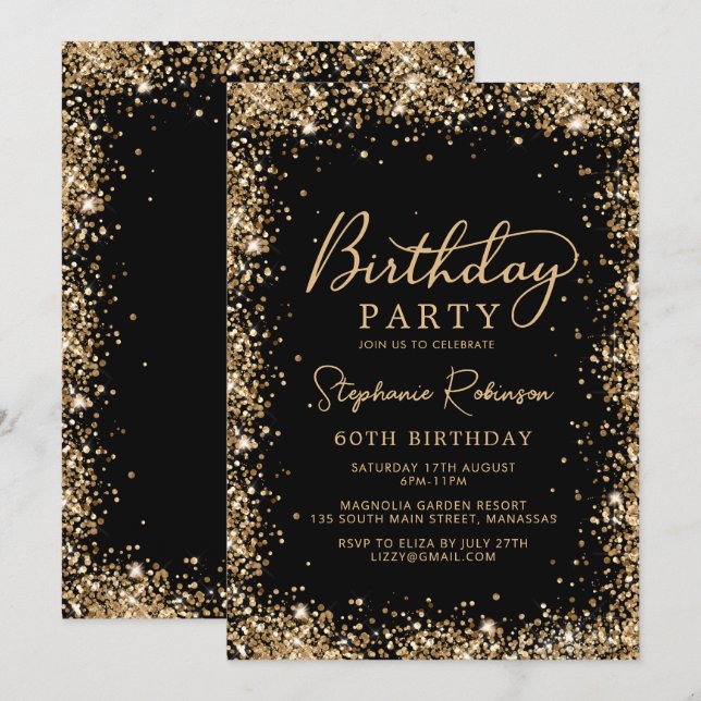 Invitation Elegant Script Black Gold Glitter 60th Birthday  (Devant / Derrière)