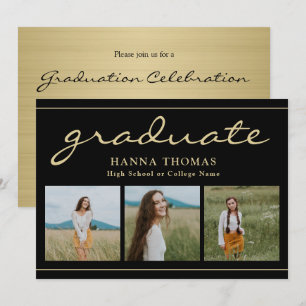 Invitation Élégant Script Black Gold Trois photo Graduation 