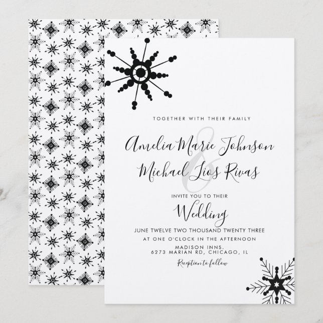 Invitation Élégant Script Black Snowflakes Mariage de Noël (Devant / Derrière)
