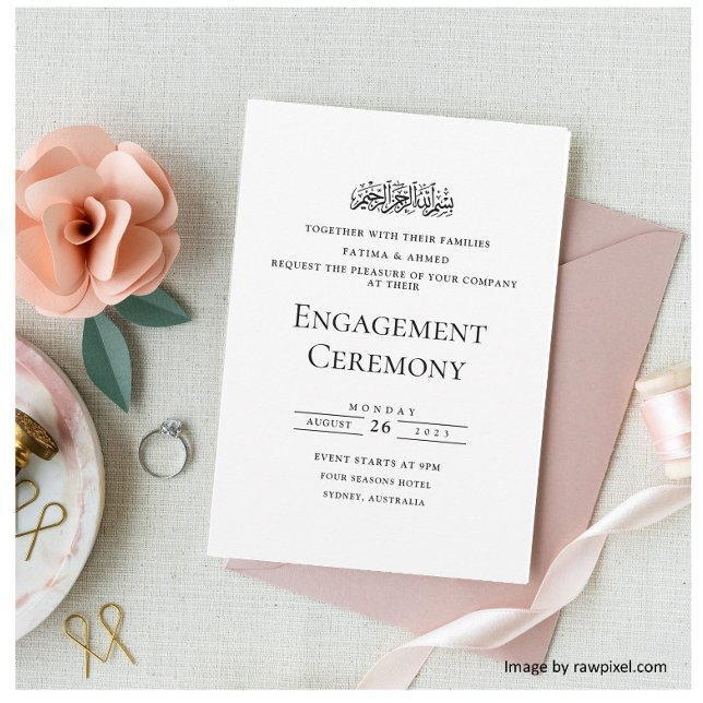 Invitation Élégant Script Blanc Noir Musulman Parti d'engagem (Créateur téléchargé)