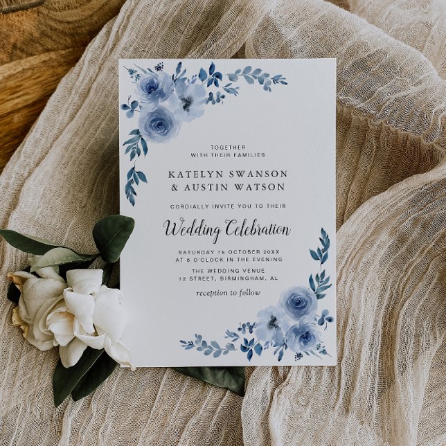Invitation Élégant script bleu fleurs mariage (Créateur téléchargé)