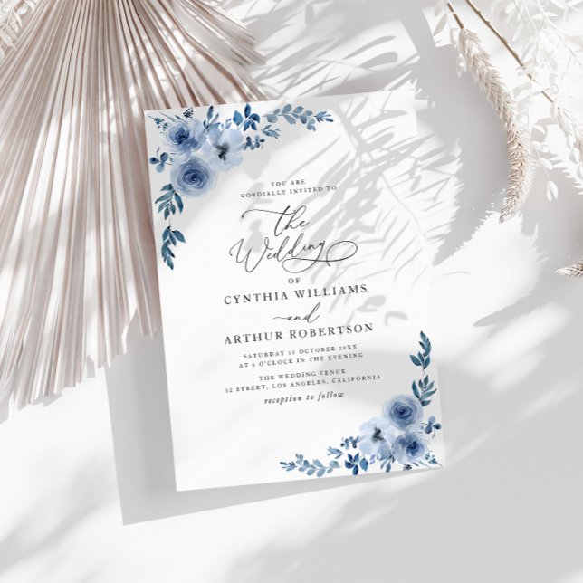 Invitation élégant script bleu mariage floral (Créateur téléchargé)