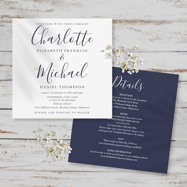Invitation Élégant Script bleu marine tout en un Mariage (Créateur téléchargé)