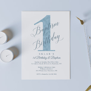 Invitation Élégant Script Blue Baby's 1st Birthday & Baptism