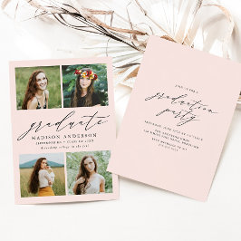Invitation Élégant Script Blush Pink 4 Photo Graduation Party