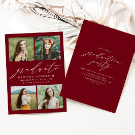 Invitation Élégant Script Bourgogne 4 Photo Graduation Party