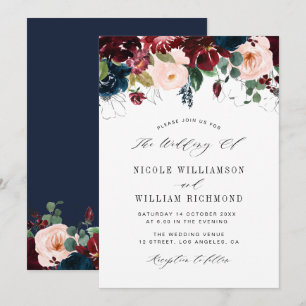 Invitation Élégant script burgundy & Navy mariage floral bleu