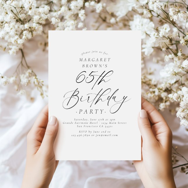 Invitation Elegant Script Calligraphy 65th Birthday Party (Créateur téléchargé)