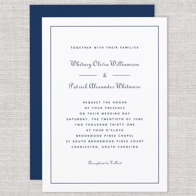 Invitation Élégant Script Classic Marine Blanc Mariage formel (Elegant Script Classic Navy White Formal Weddings Invitation)