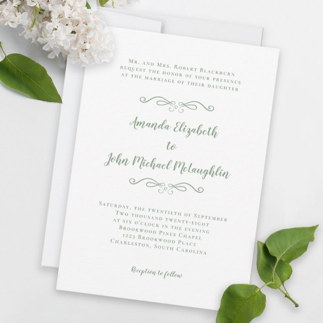 Invitation Elegant Script Classic Wedding Sage Green White In (Elegant Script Classic Wedding Sage Green White Invitation)