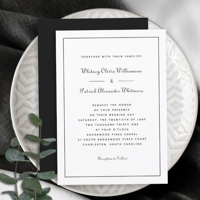 Invitation Élégant Script Classique Blanc Noir Mariage Formel (Créateur téléchargé)