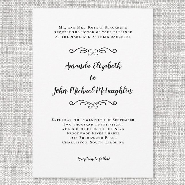 Invitation Élégant Script Classique Simple Mariage Formel Noi (Elegant Script Classic Simple Formal Wedding Black Invitation)