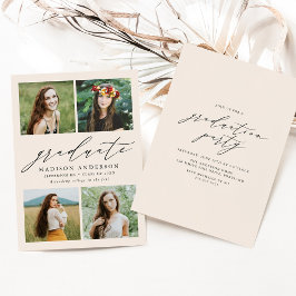 Invitation Elégant Script Cream 4 Photo Graduation Party