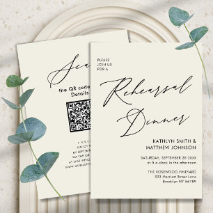 Invitation Élégant Script Cream Rehearsal Dinner Code QR