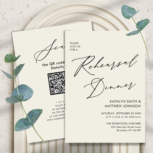 Invitation Élégant Script Cream Rehearsal Dinner Code QR (Créateur téléchargé)