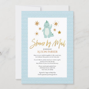 Invitation Élégant Script Cute Blue Dinosaur Douche par courr