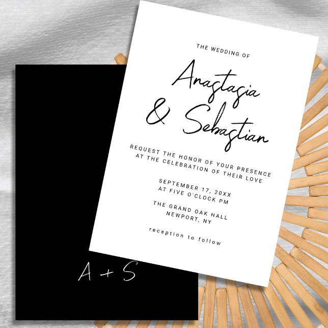Invitation Élégant script de calligraphie Mariage noir et bla (Elegant Calligraphy Script Black & White Wedding Invitation)