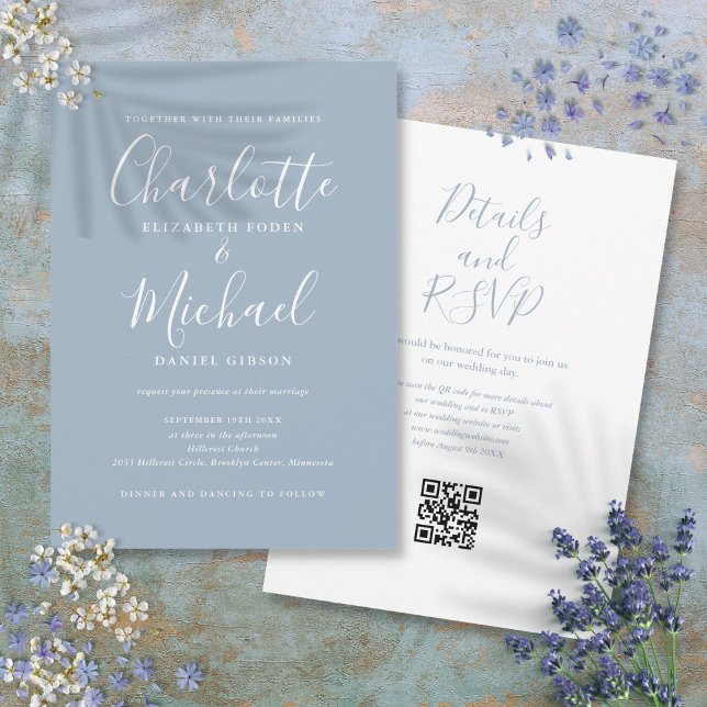 Invitation Élégant Script Dusty Blue moderne QR Code Mariage (Elegant Script Dusty Blue Modern QR Code Wedding Invitation)