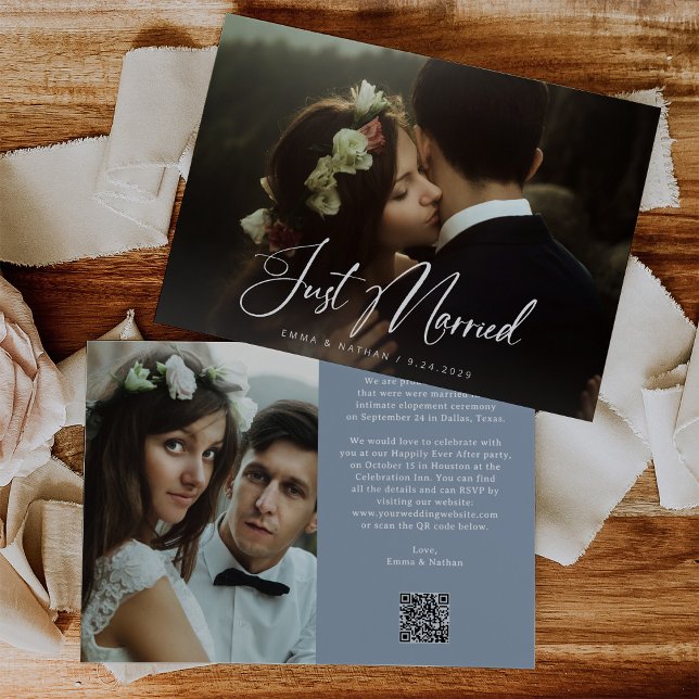 Invitation Elegant Script Dusty Blue | QR Code Just Married (Créateur téléchargé)