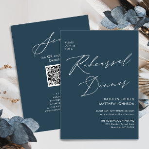 Invitation Élégant Script Dusty Blue Rehearsal Dîner QR