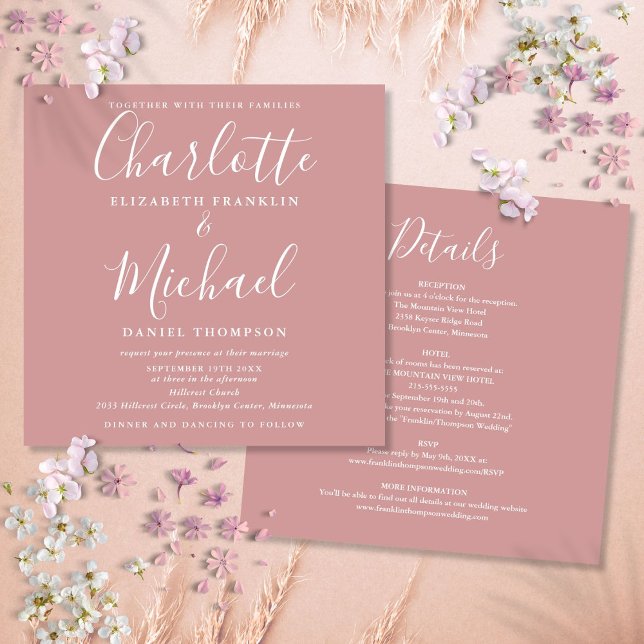 Invitation Élégant Script Dusty Rose Tout en un Mariage (Dusty Rose Elegant Script All In One Wedding Invitation)