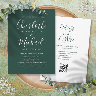 Invitation Élégant script Emerald Green QR Code Mariage